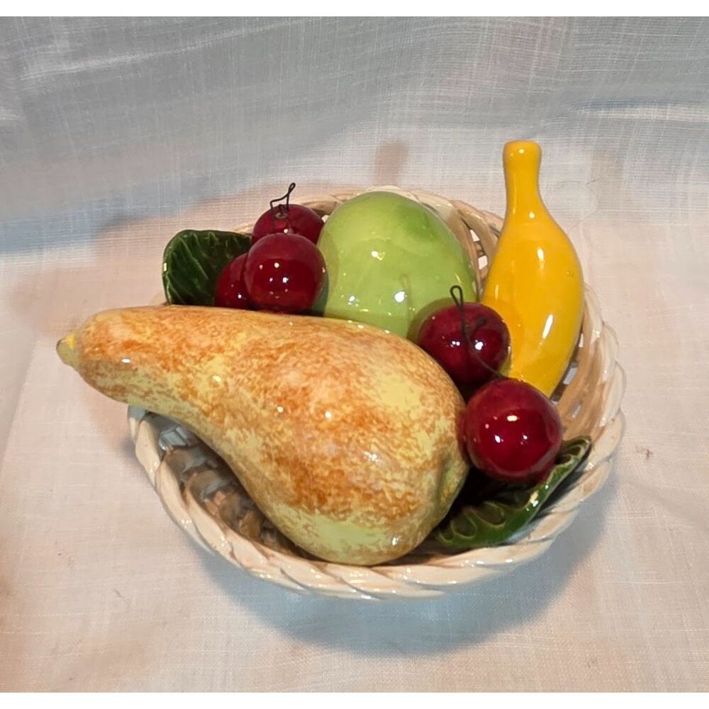 Vintage Italian Ceramic Fruit Basket Cherries Pear Banana Kitchen Decor